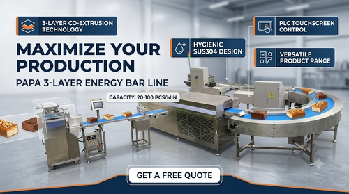 Últimas notícias da empresa sobre PAPA Machinery Unveils Advanced Three-Layer Energy Bar Machine for High-Capacity Protein Bar Manufacturing