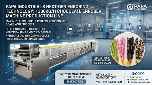 Últimas notícias da empresa sobre Papa Industrial Launches High-Capacity 1300kg/h Double Coating Chocolate Enrober Machine Line